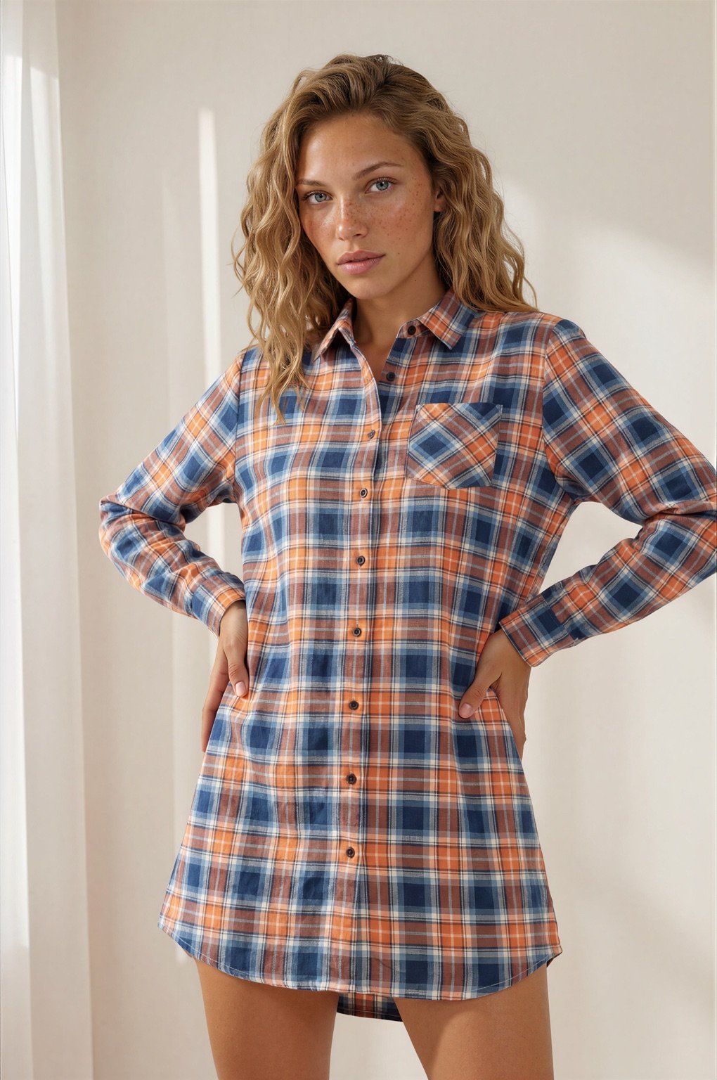 SIDELINE — The Dress, women's Altitude flannel shirt dress, front view