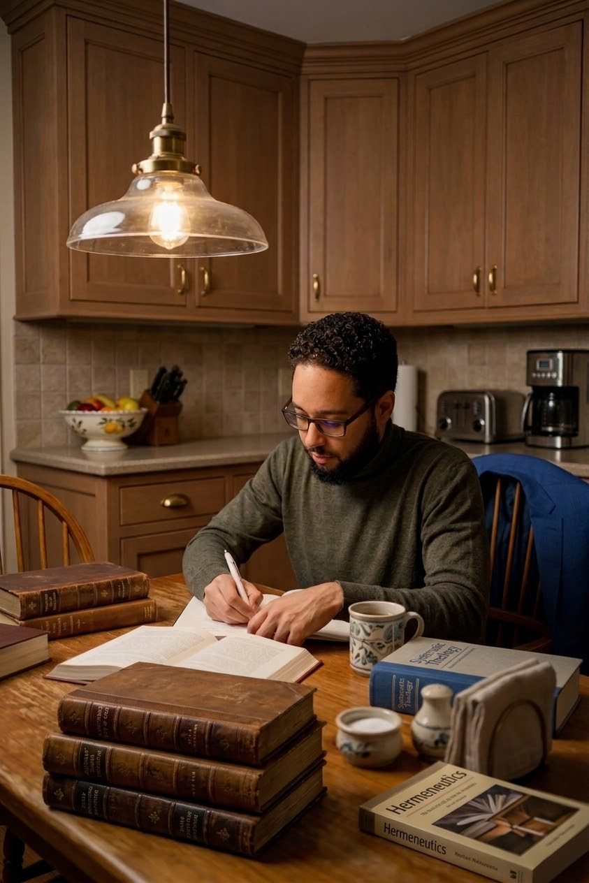 Founder studying at kitchen table surrounded by hermeneutics and systematic theology textbooks, warm lamp light overhead