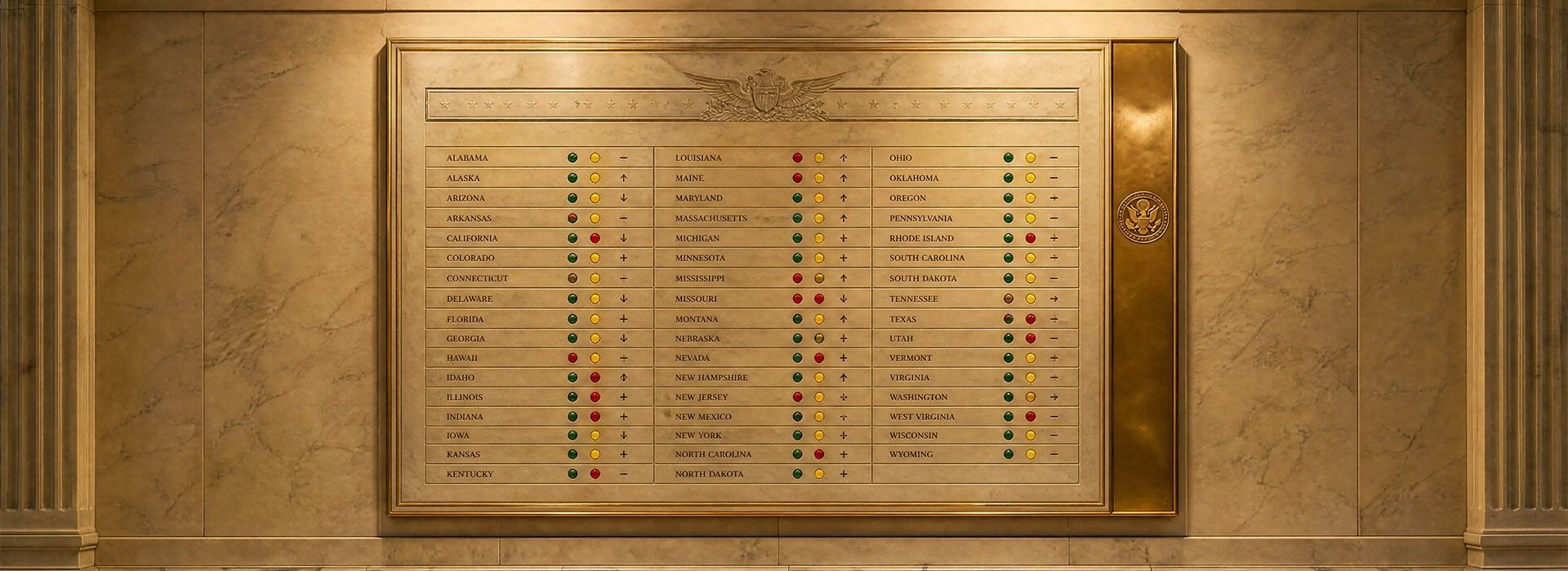 State legislative scorecard board in a marble government hall with gold accents