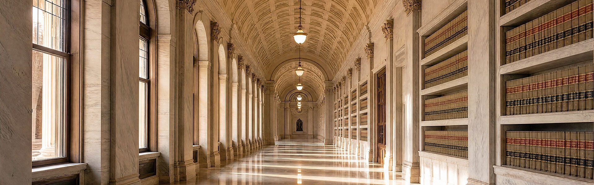 Elegant marble law library corridor with arched ceilings and shelves of legal volumes