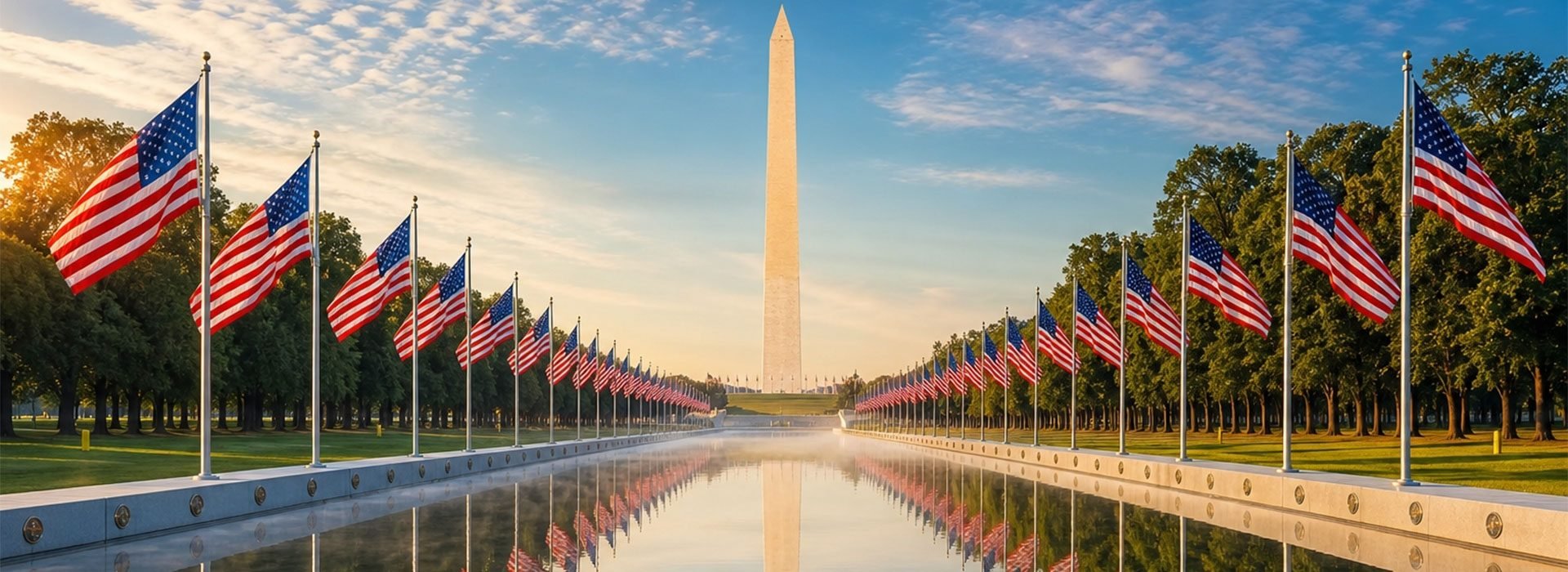 Washington Monument with American flags reflected in the pool at sunrise