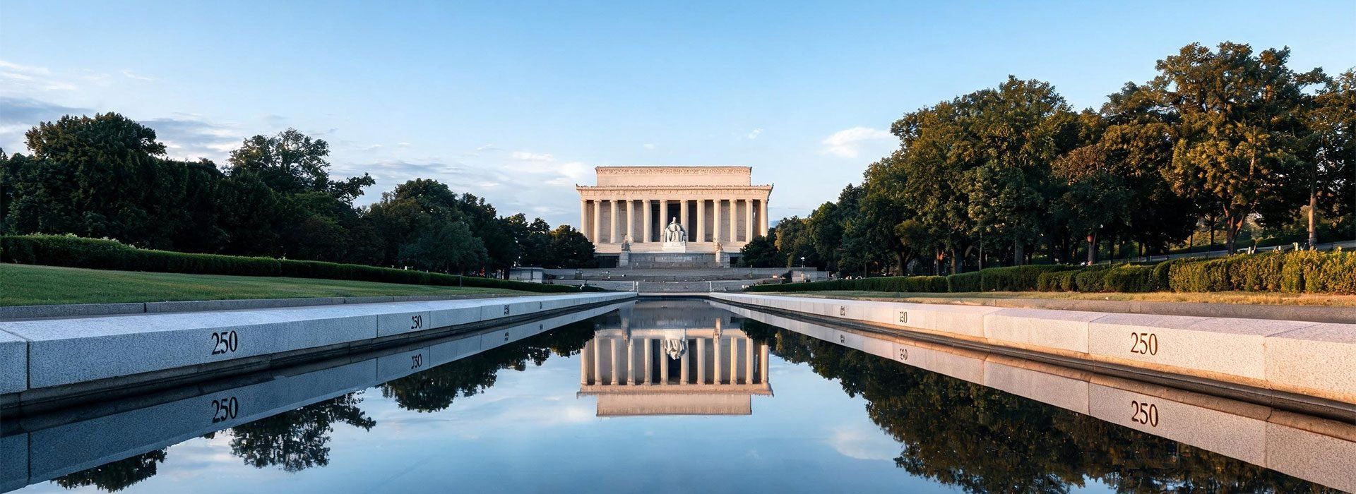 Lincoln Memorial reflected in the reflecting pool at dawn