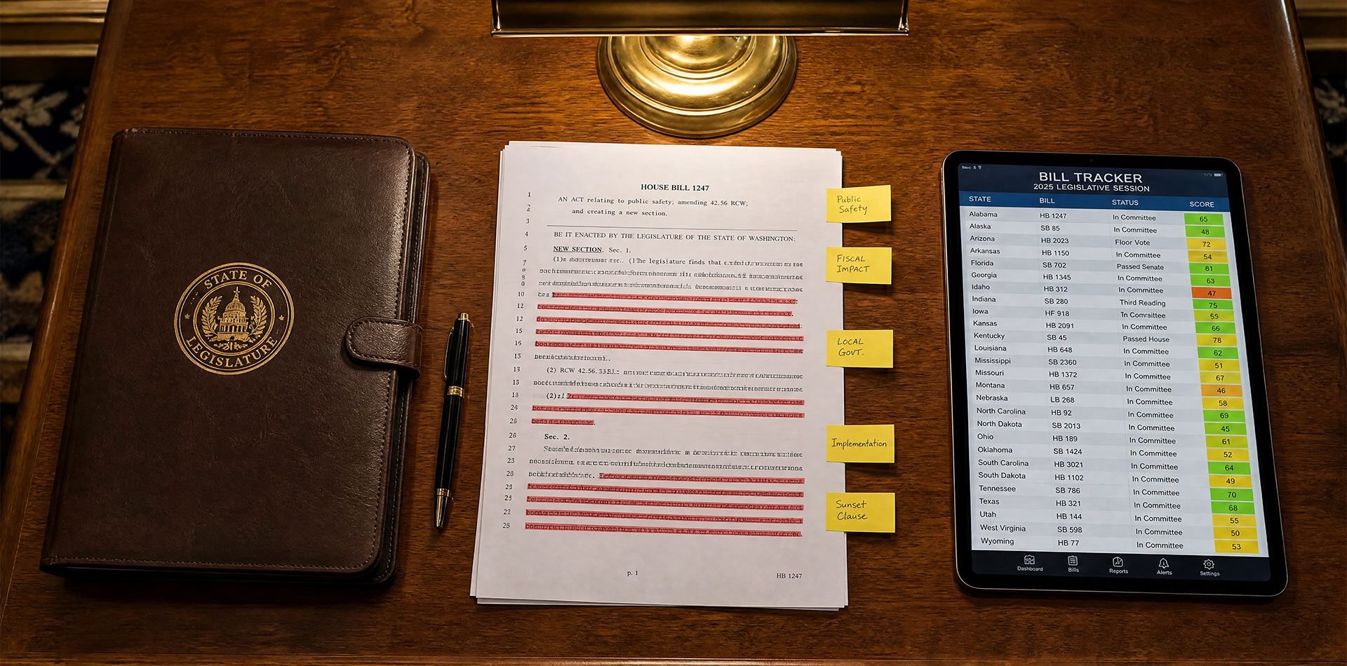 Legislative bill documents with sticky notes and a tablet showing bill tracking dashboard on a wooden desk