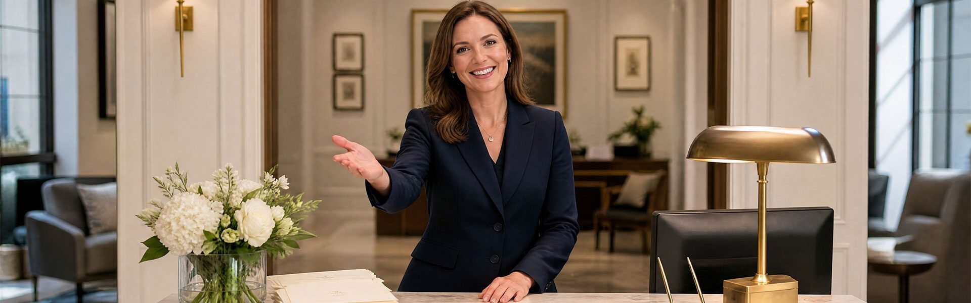 Professional woman in navy blazer at a reception desk, warmly welcoming visitors
