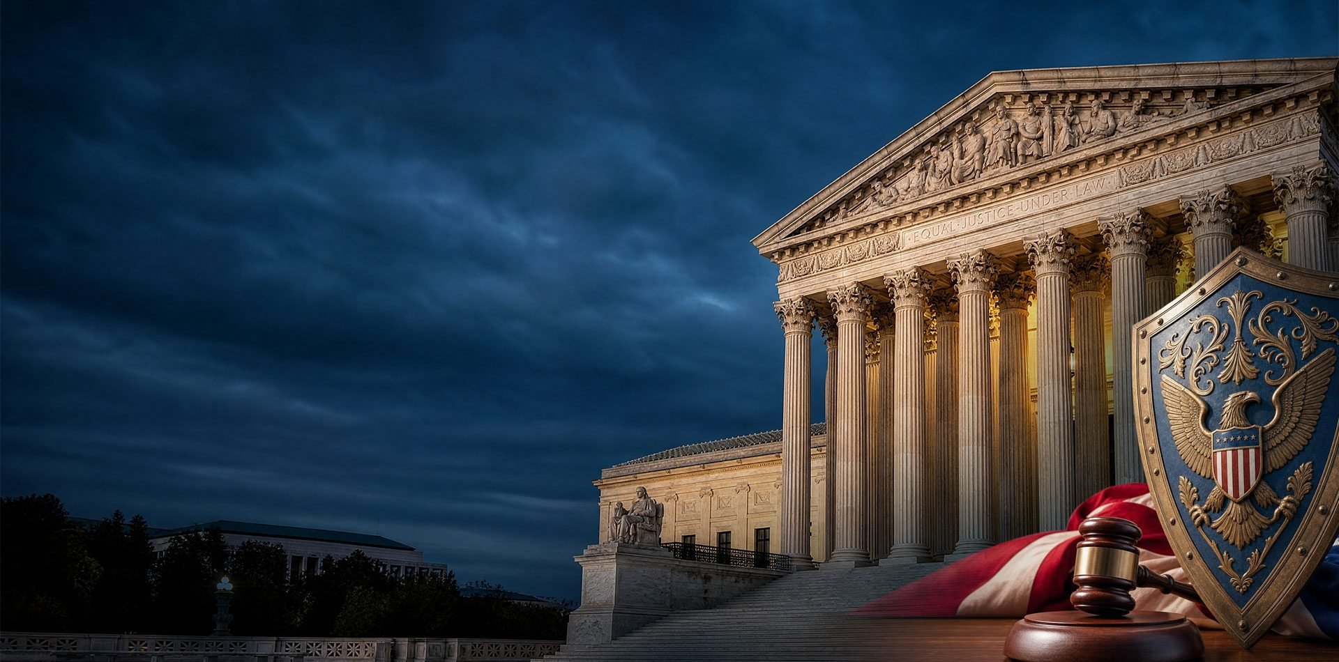 Supreme Court building with eagle shield, gavel, and American flag at dusk