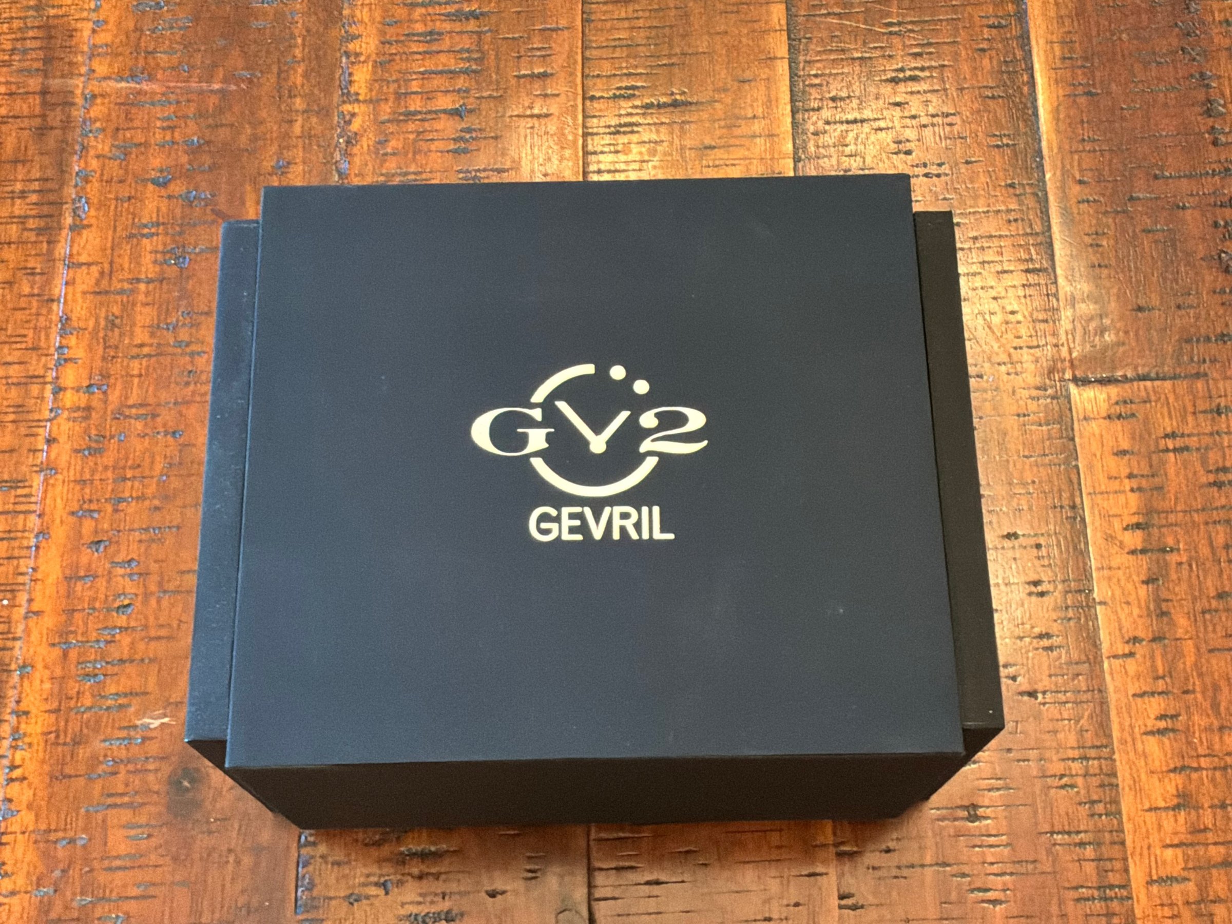 GV2 by Gevril navy presentation box closed with gold logo, outer and inner box shown