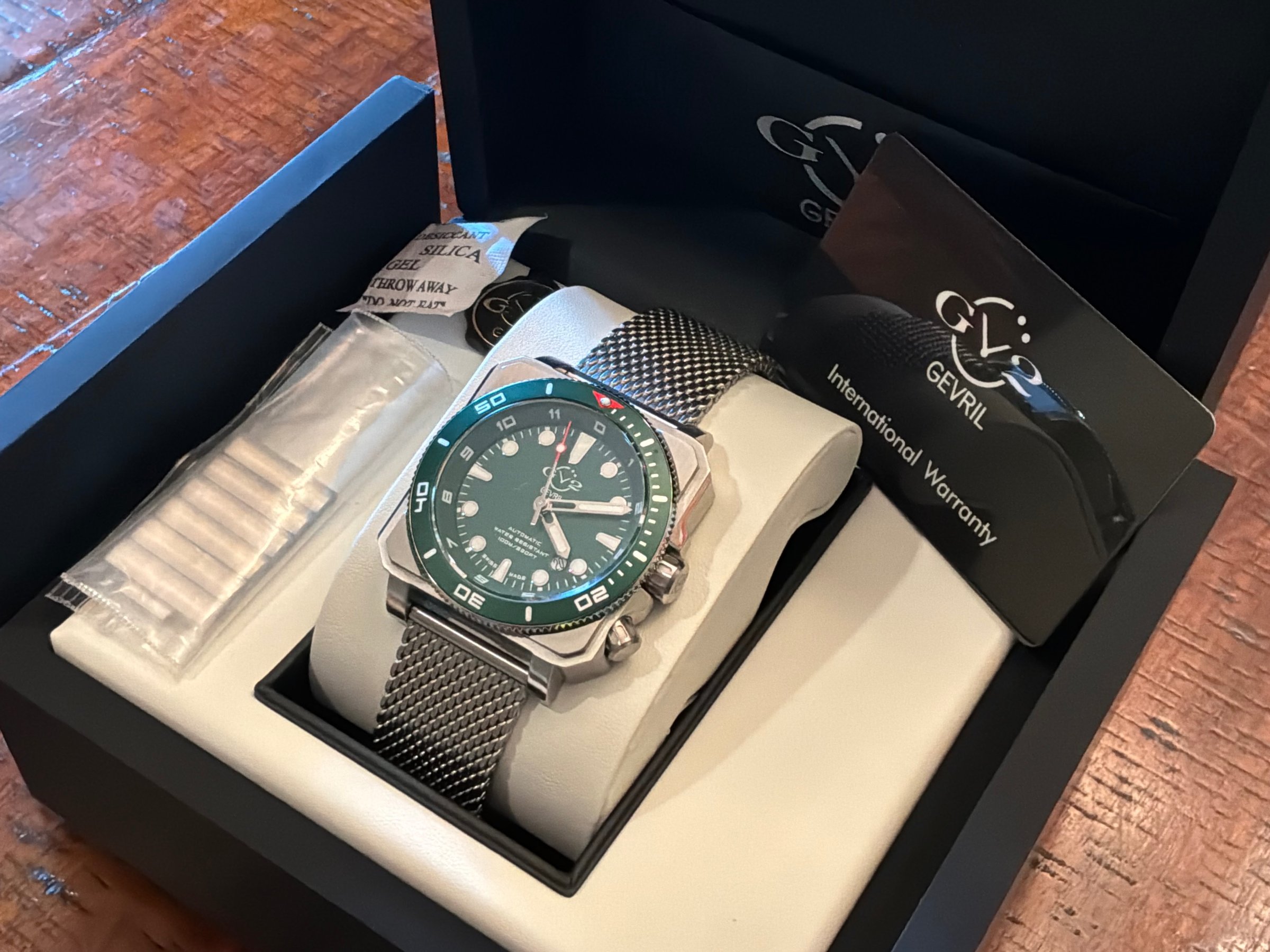 GV2 by Gevril XO Submarine green dial Swiss automatic watch in full presentation box with warranty card and mesh bracelet