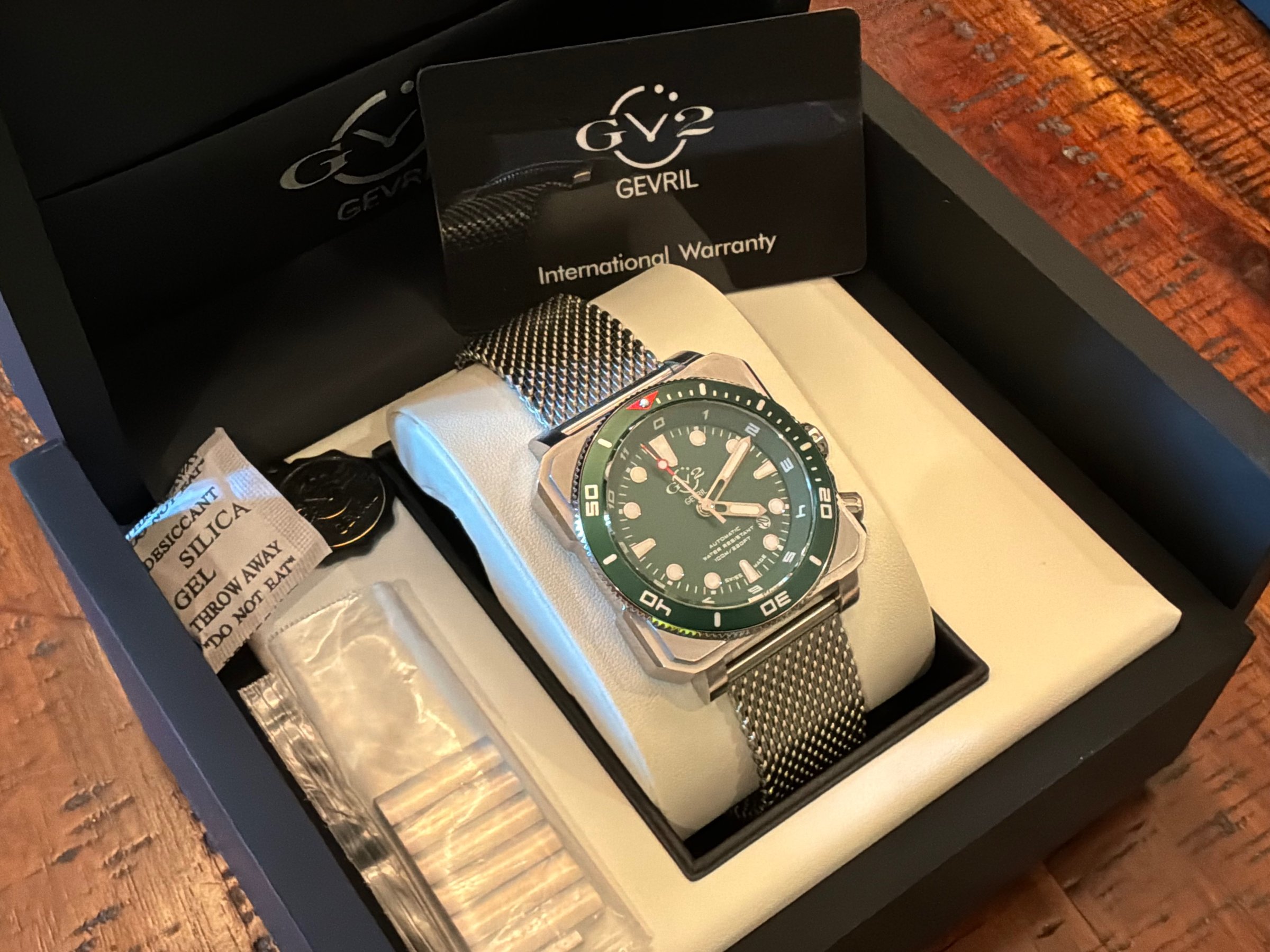 GV2 by Gevril XO Submarine green dial watch in presentation box, overhead view