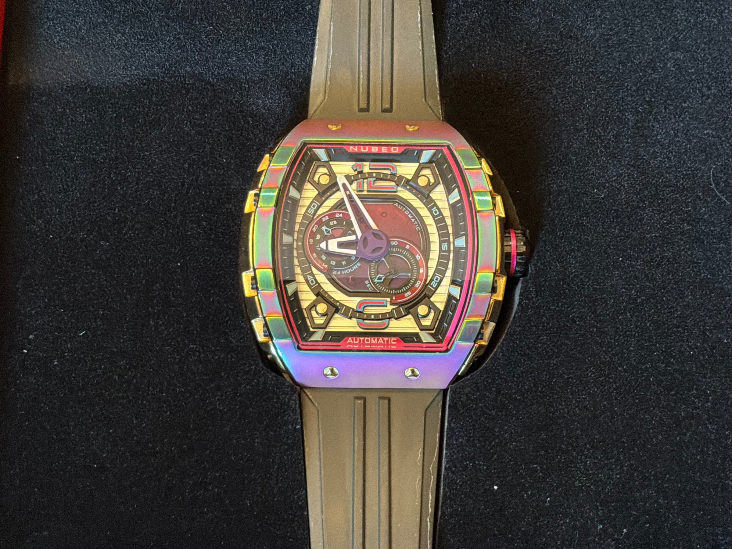 Nubeo Magellan Limited Edition automatic watch with rainbow PVD case and complex dial