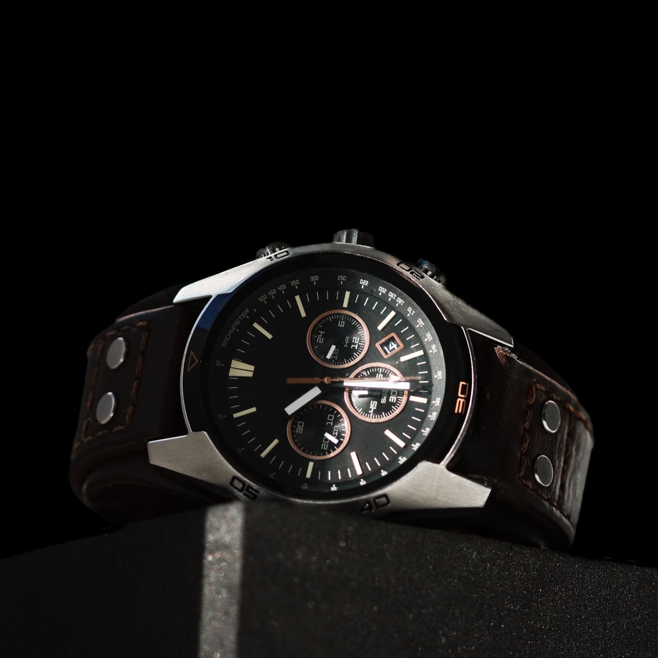 Luxury chronograph watch with leather strap
