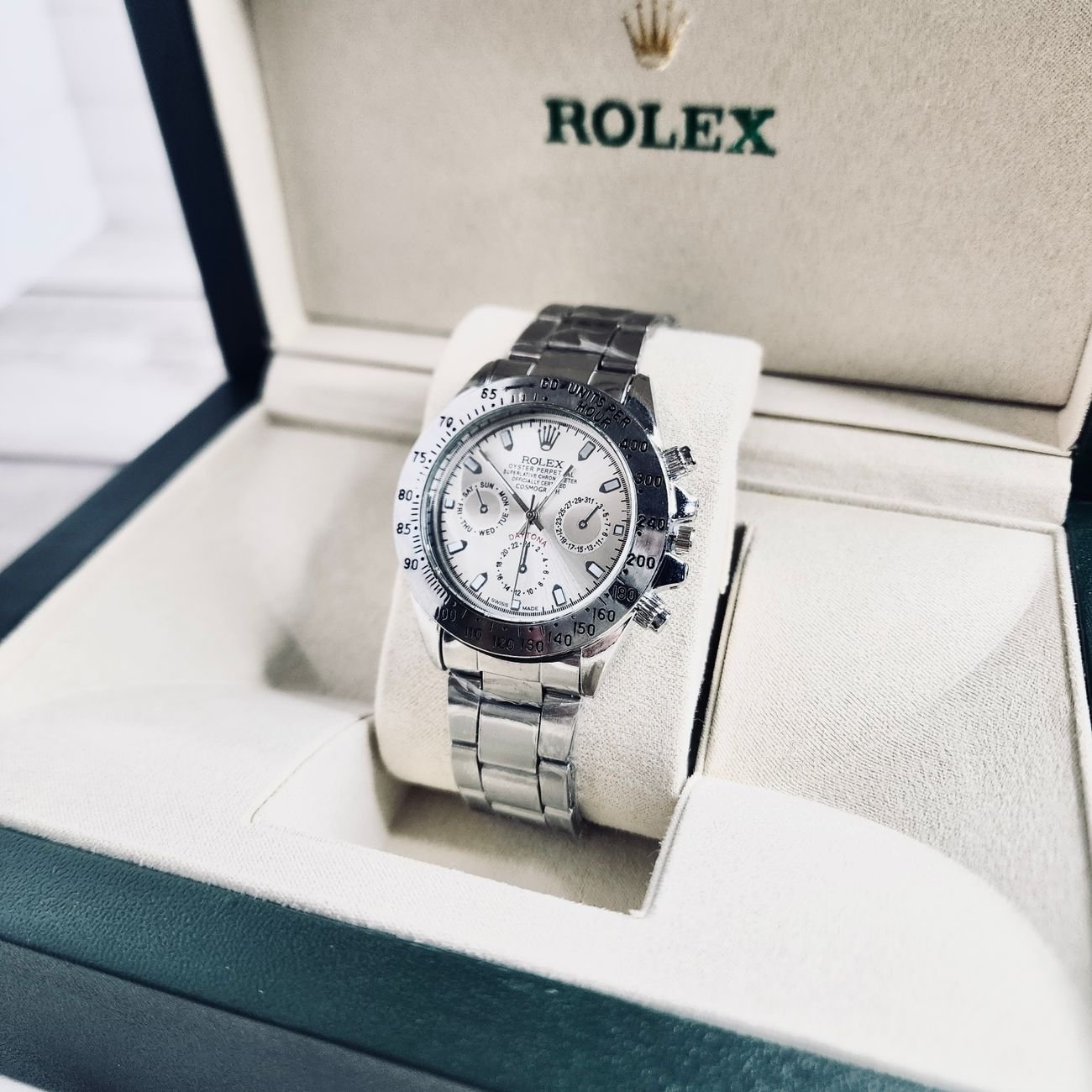 Sleek silver dress watch in luxury box