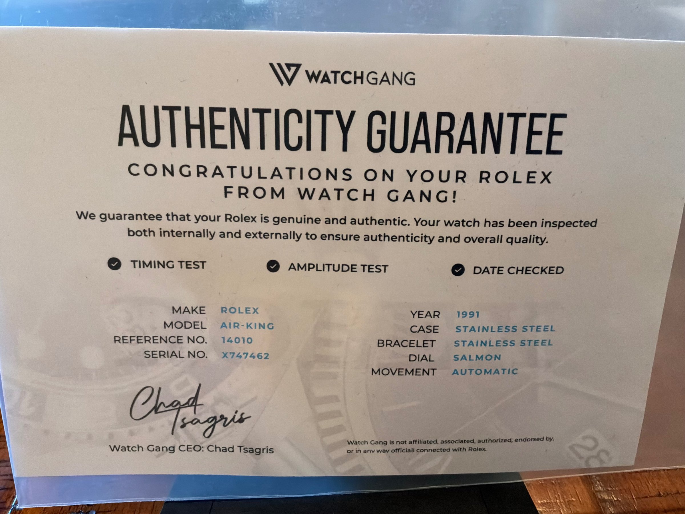 Watch Gang Authenticity Guarantee certificate for 1991 Rolex Air-King Ref. 14010, Serial No. X747462