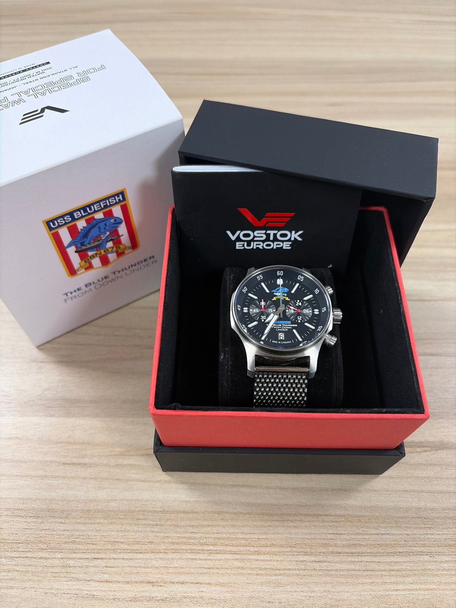 Vostok-Europe USS Bluefish SSN-675 Blue Thunder limited edition chronograph with stainless mesh bracelet in open presentation box