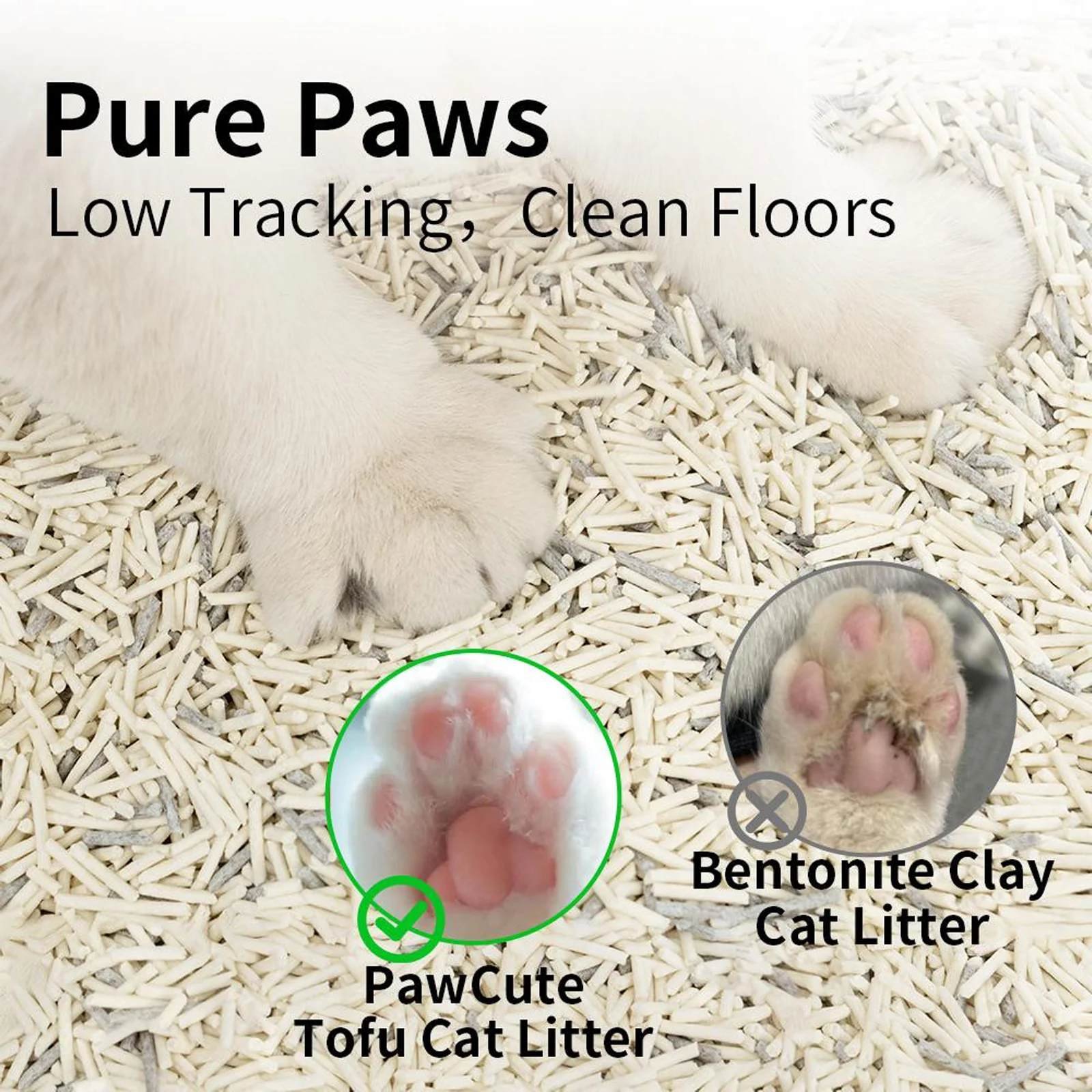 PawHalo tofu cat litter low tracking comparison — clean paws vs clay litter
