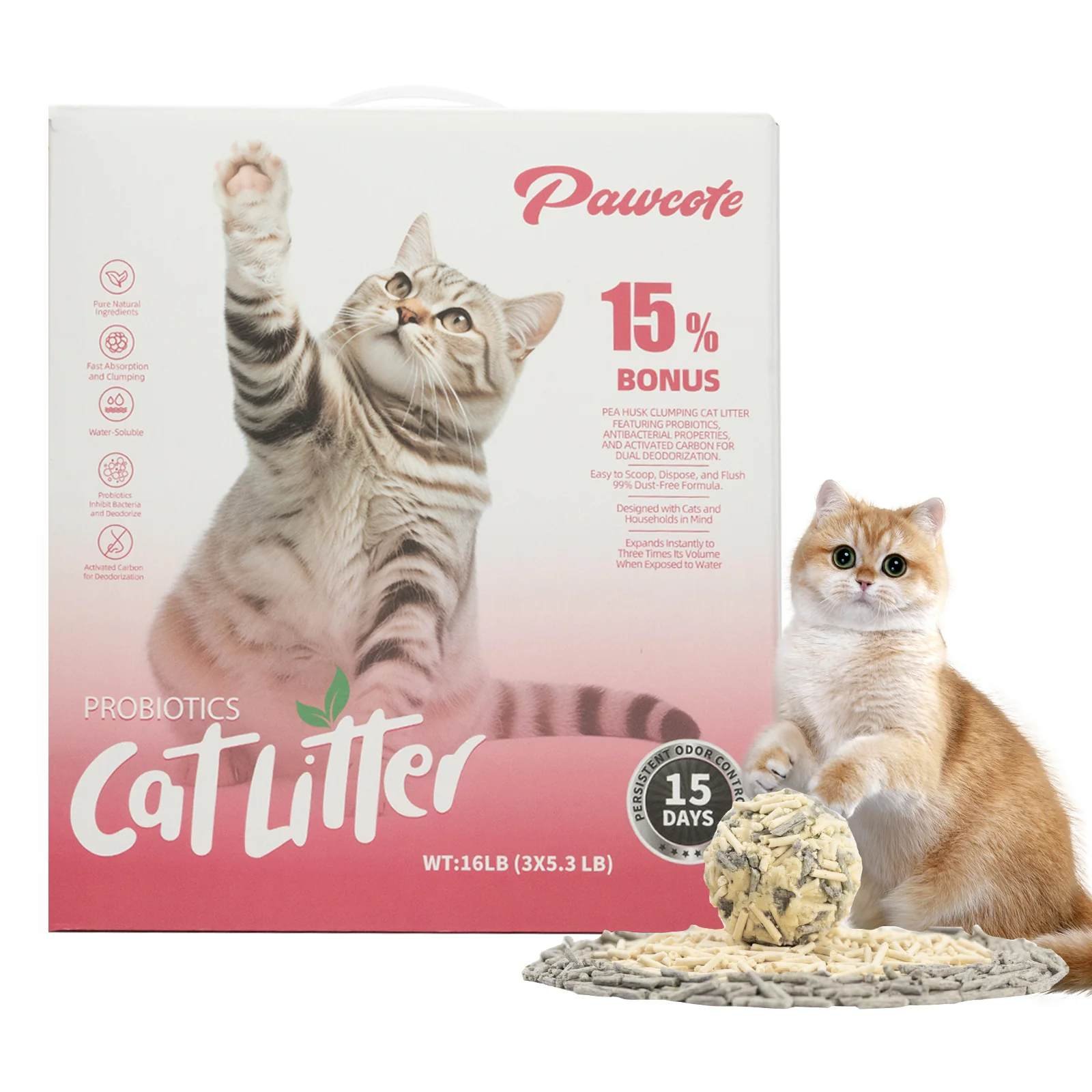 PawCute Tofu Cat Litter with Probiotic & Activated Carbon — 16 lb box with orange tabby cat