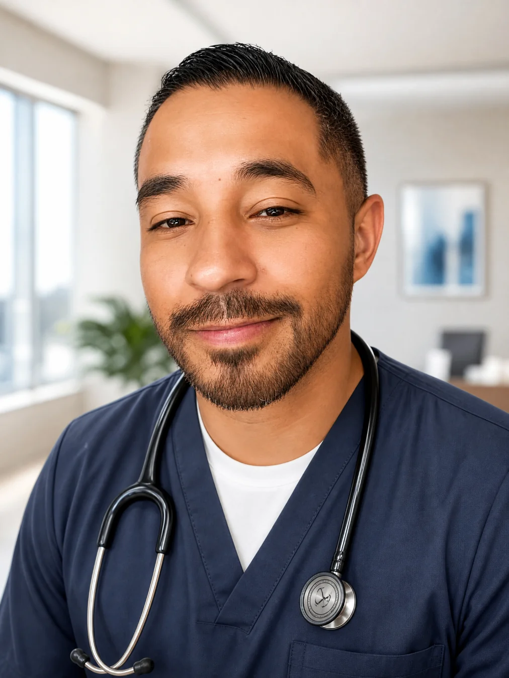 Nevidra founder — an RCP with 20+ years of healthcare experience, in navy scrubs with a stethoscope, smiling warmly