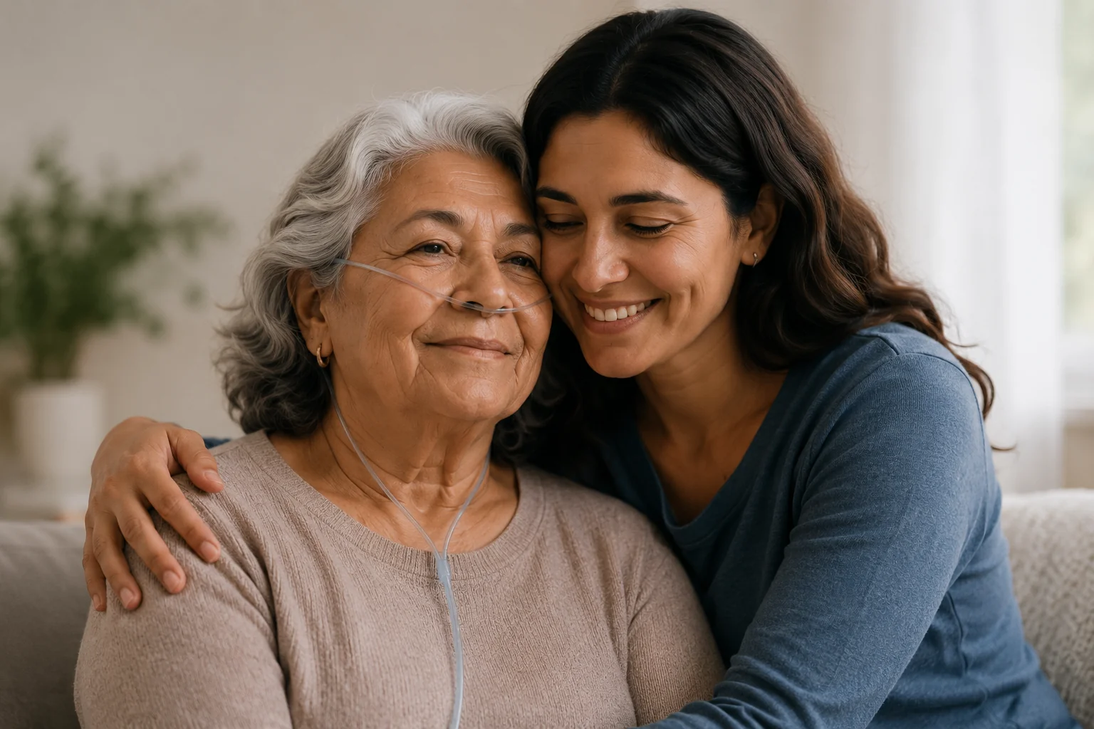 An older woman with COPD wearing a nasal cannula smiles warmly as her adult daughter embraces her — life, love, and quiet strength despite chronic respiratory disease