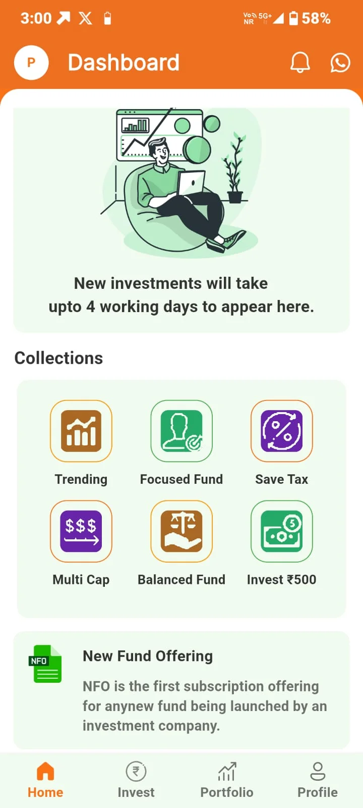 Sanchay Karo app dashboard showing investment collections and NFO section
