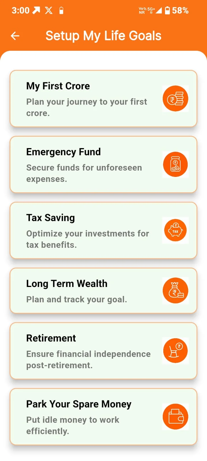 Sanchay Karo app Setup My Life Goals screen showing financial goal categories