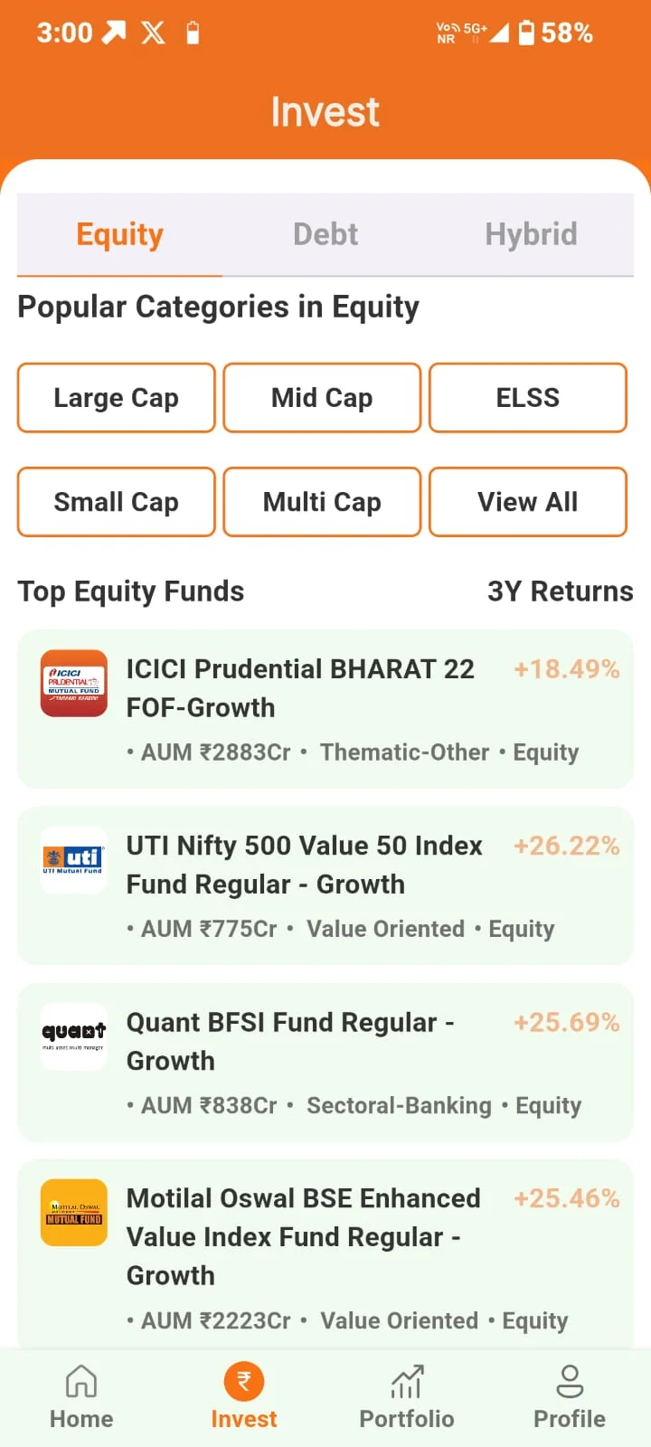 Sanchay Karo app invest screen showing equity, debt and hybrid fund categories