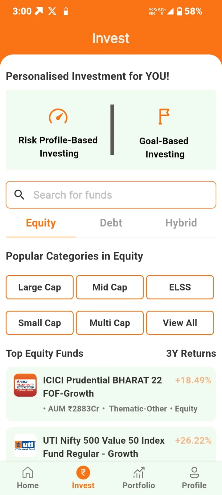 Sanchay Karo app personalised investment screen with risk profile and goal-based investing