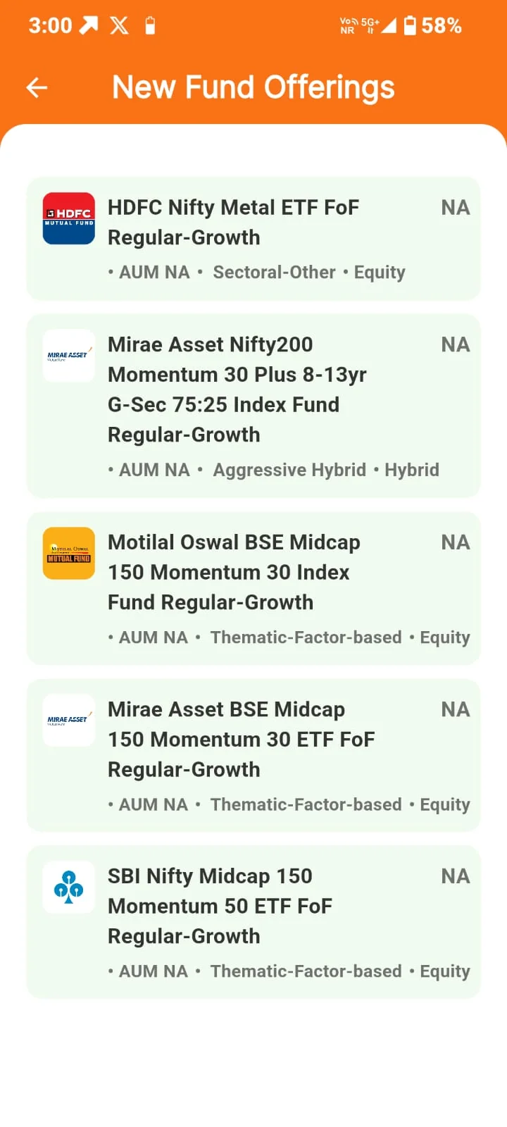 Sanchay Karo app New Fund Offerings screen listing latest NFOs