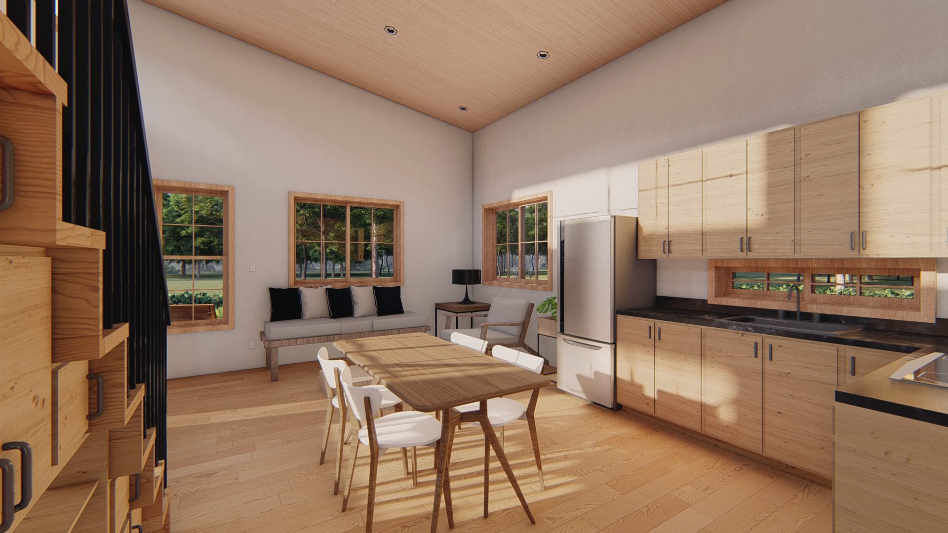 Open-plan dining and kitchen with warm wood cabinetry, high vaulted ceiling, and natural light from large windows