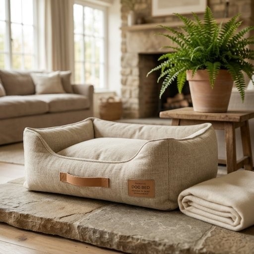The Linen Rest — premium linen dog bed with leather handle strap