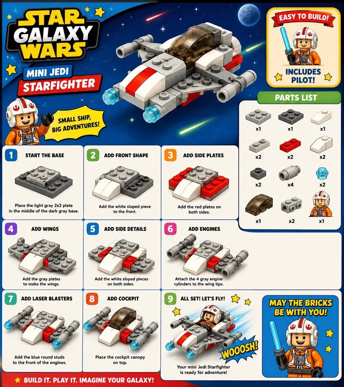 Mini Jedi Starfighter complete build instructions showing all 9 steps