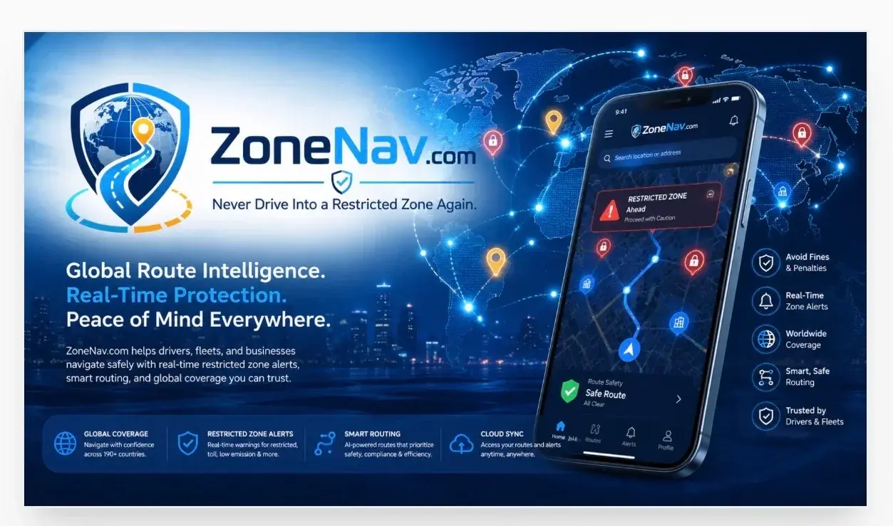 ZoneNav - Global Route Intelligence. Real-Time Protection. Peace of Mind Everywhere. App showing restricted zone alerts and safe routing.