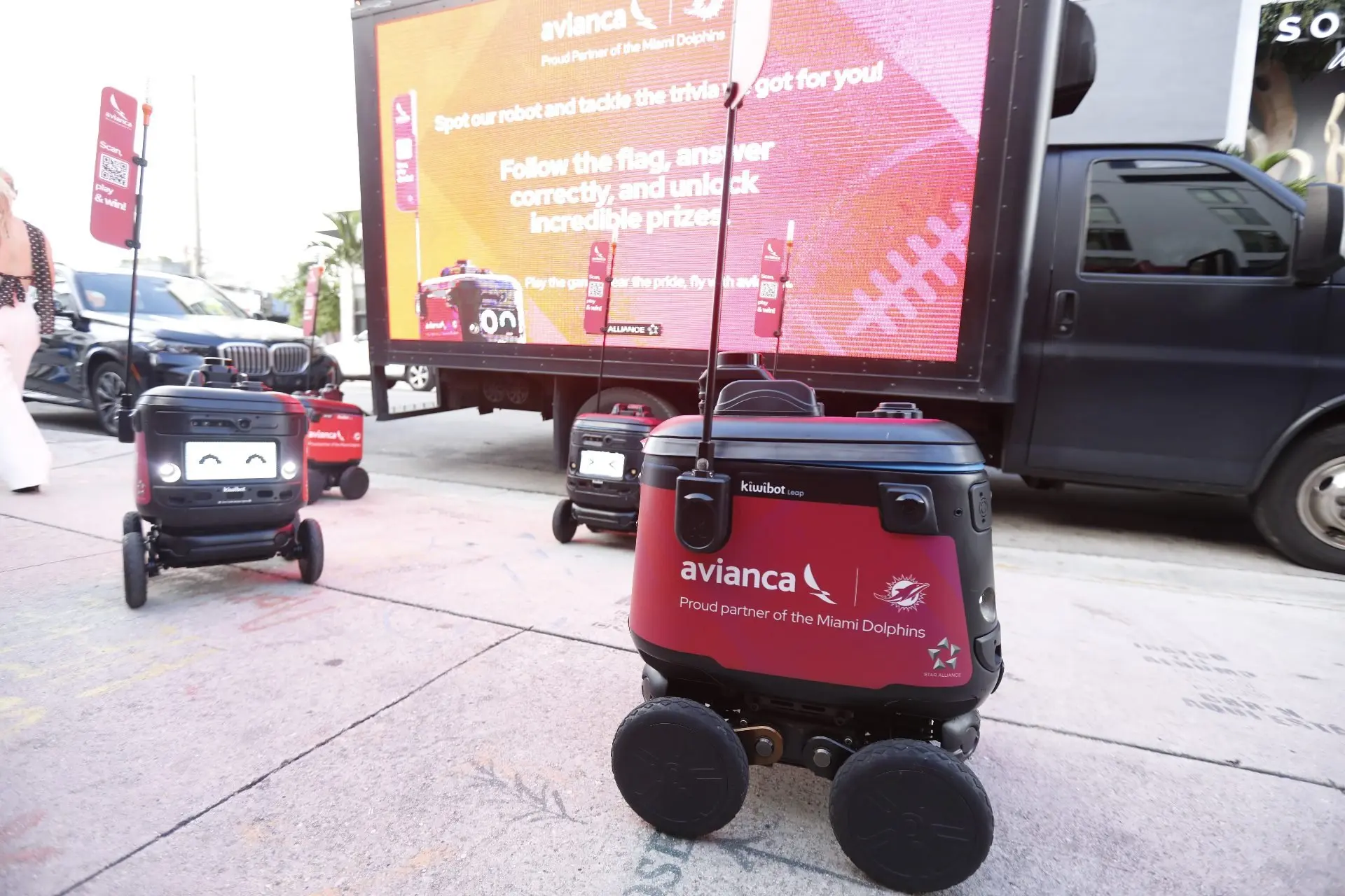 Branded robots at Miami outdoor activation with Avianca