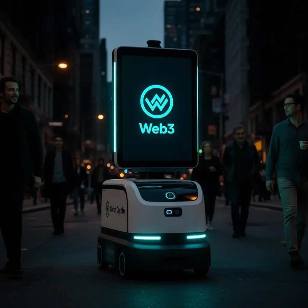 Robot on city street displaying Web3 brand