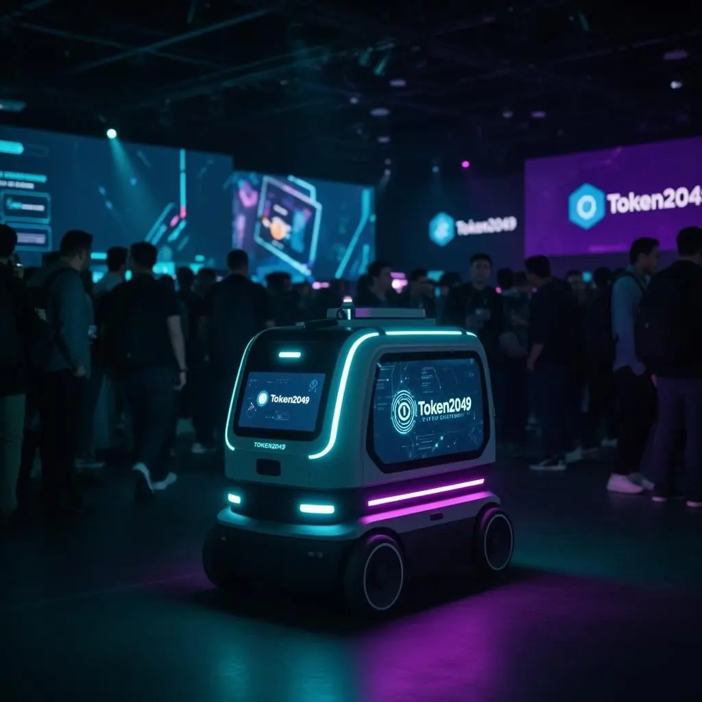 Branded robot at Token2049 crypto conference