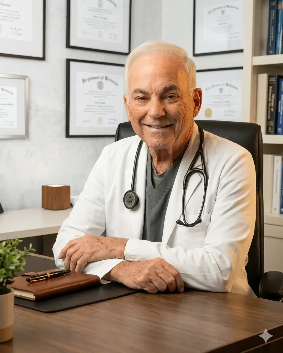 Dr. Robert Heller, MD, Co-Founder & Medical Director of Juvelixir, seated at his desk in a white coat