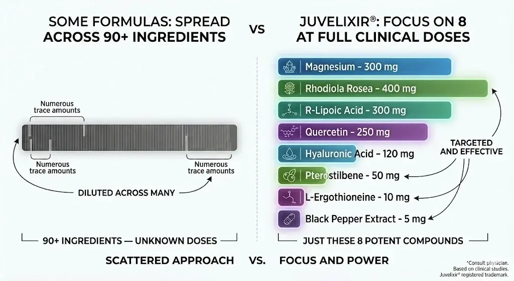 Juvelixir® vs. other formulas: Focus on 8 ingredients at full clinical doses vs. 90+ ingredients at trace amounts