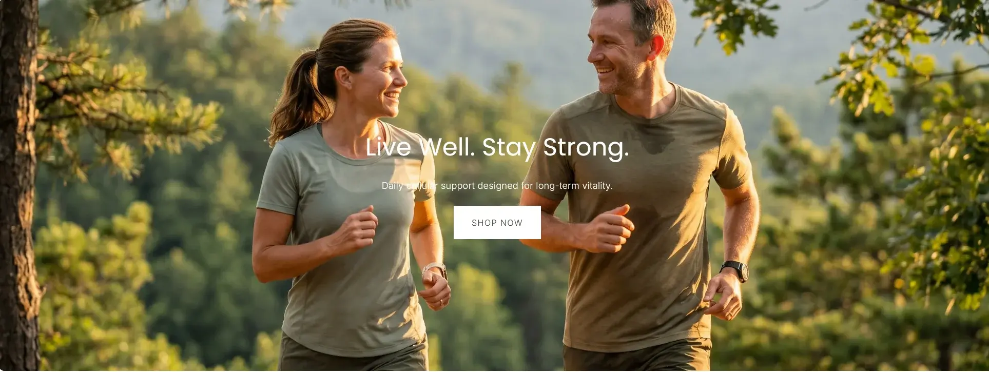 Couple running outdoors in nature — Live Well. Stay Strong.