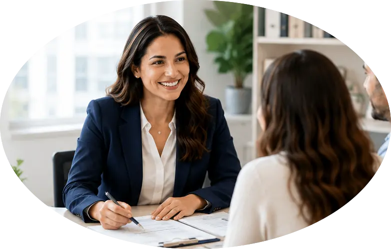 A smiling tax professional consulting with a client at a desk