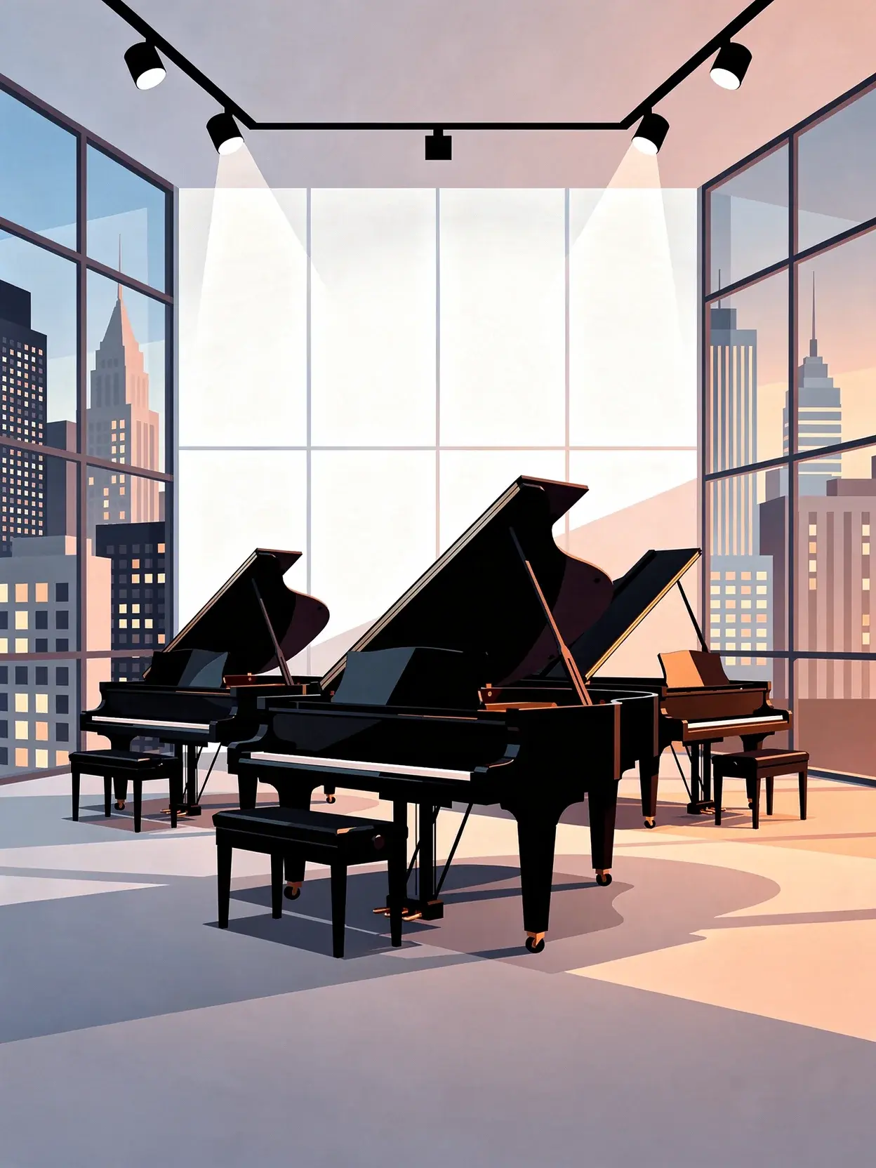 Grand pianos in an elegant showroom with floor-to-ceiling windows overlooking a city skyline at dusk