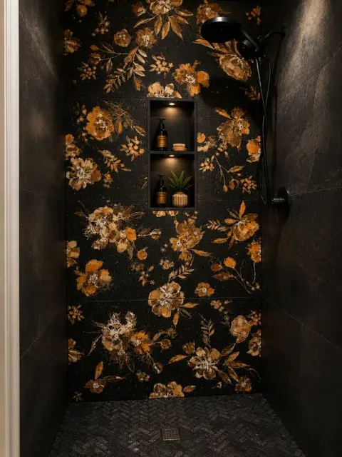 Dramatic black floral tile shower with gold botanical pattern, matte black rain head and built-in lit niche