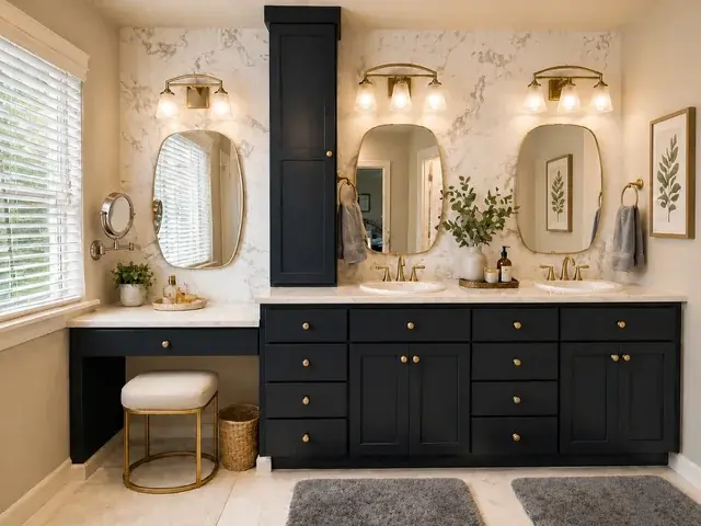 Luxury dual vanity bathroom remodel with navy cabinets, marble tile, and gold fixtures