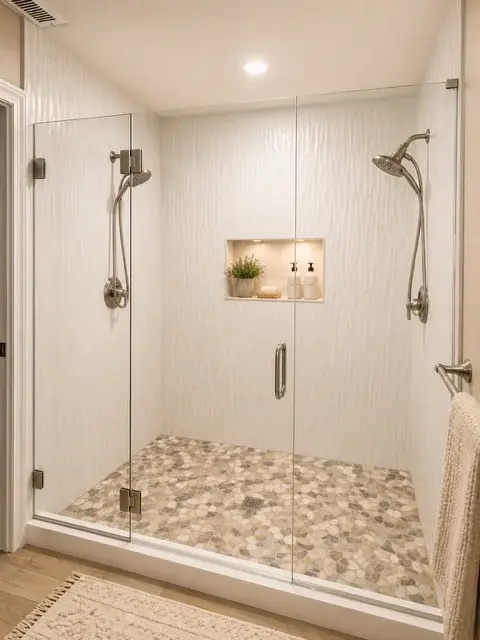 Custom frameless glass shower with wave tile walls and mosaic stone floor