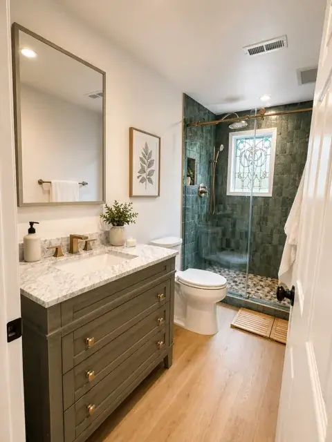Sage green vanity with brass fixtures and zellige tile shower — PDX Home Revival