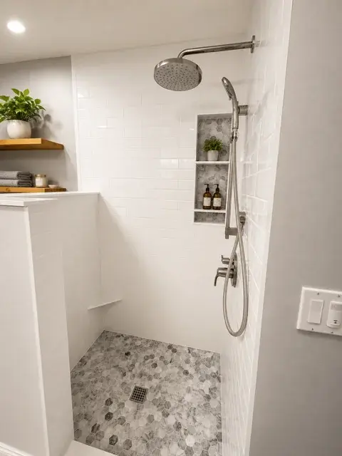 Walk-in shower with subway tile walls, hex mosaic floor, and rain head with hand wand