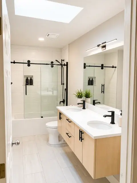 Modern bathroom with floating double vanity, black hardware, and frameless glass shower