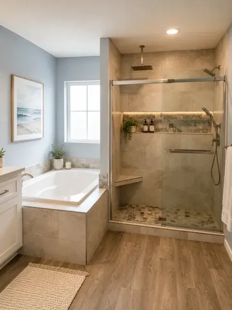 Spa bathroom remodel with soaking tub, walk-in shower, and wood-look tile floors