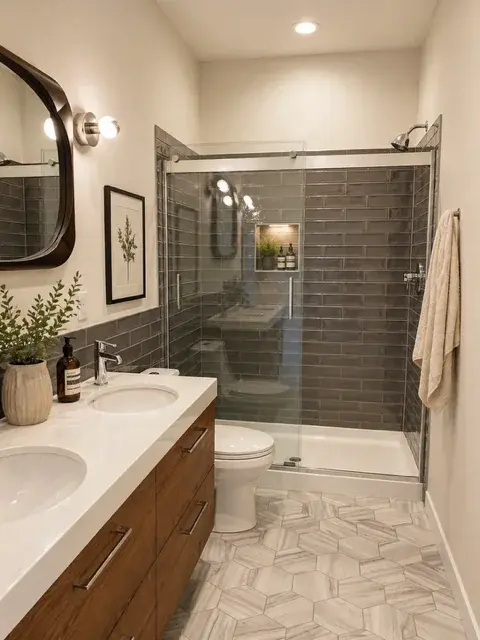 Walnut double vanity with glass shower enclosure, herringbone tile floor, and slate wall tile