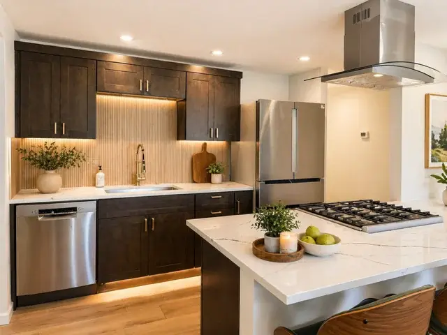 Dark espresso cabinet kitchen with marble countertops and gold hardware — PDX Home Revival