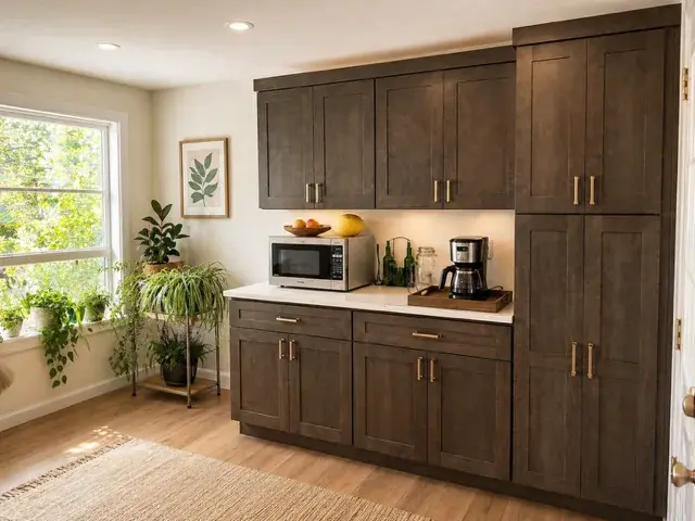 Dark walnut shaker cabinets with gold hardware, white quartz countertops, and abundant natural light