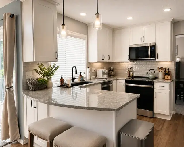 White kitchen remodel with pendant lighting and granite island by PDX Home Revival