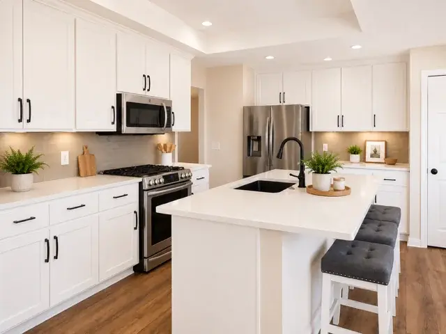 White shaker cabinet kitchen remodel with quartz island — PDX Home Revival